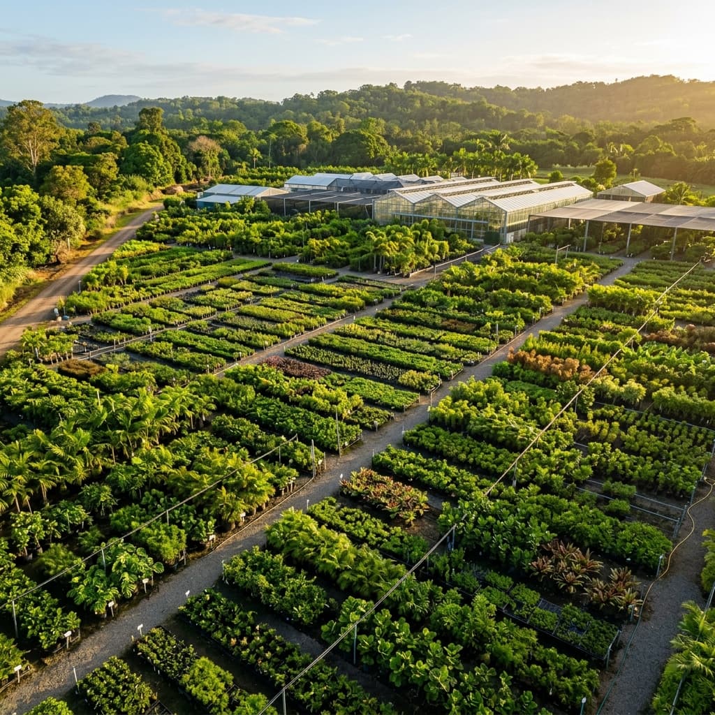 Nursery landscape with lush green plants and greenhouse